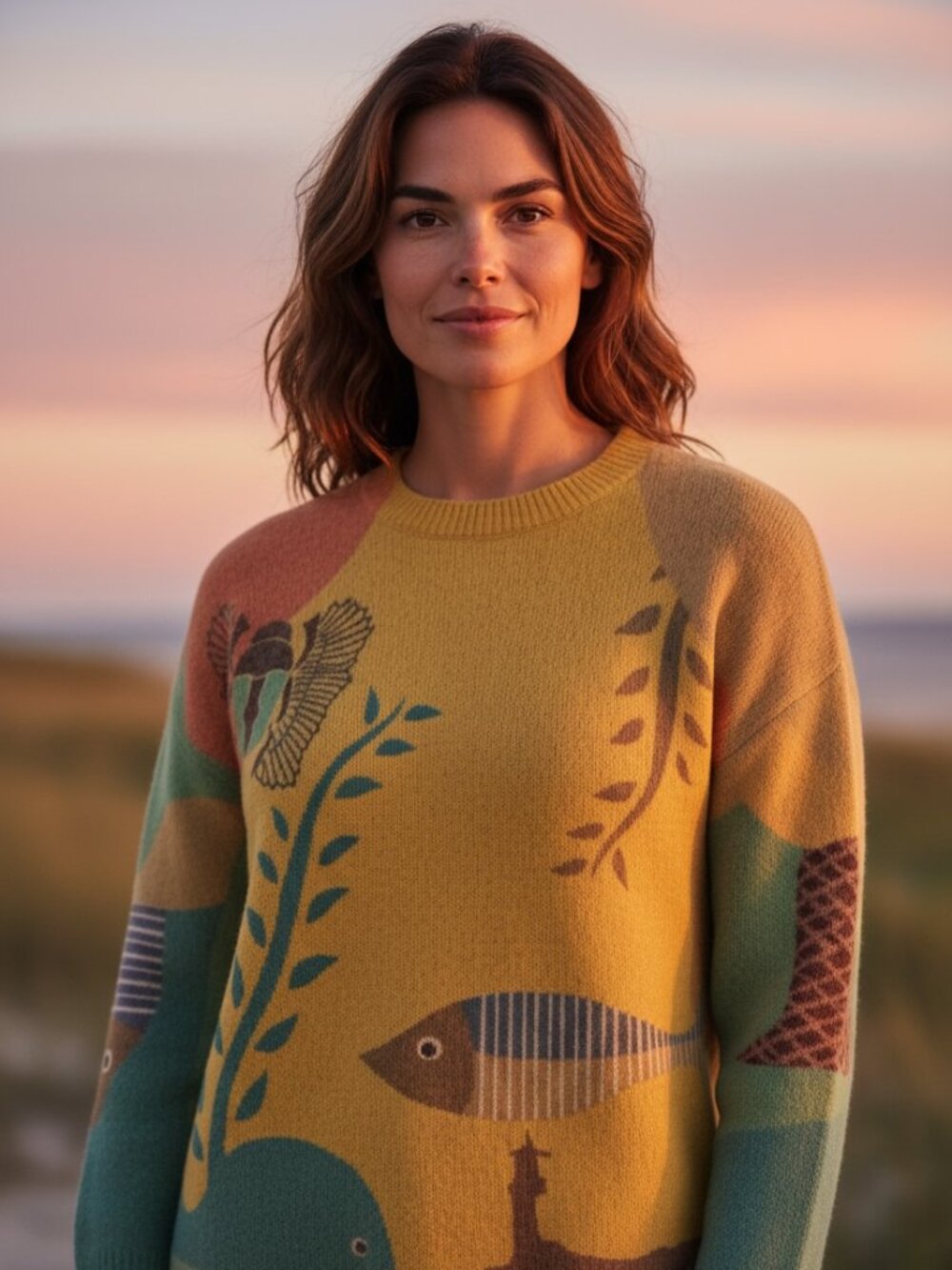 YESNO Oversized Sweater Cotton Wool Blend Fish Ocean Folk Art Soft L - 2X